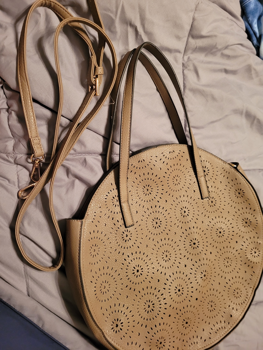 Beige Perforated Circle Tote Bag - Women's Fashion Handbag - Picture 3 of 8